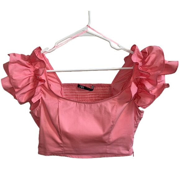 Zara Pink Ruffle Smocked Crop Top Flutter Sleeve Blouse Statement Size S - Picture 1 of 5